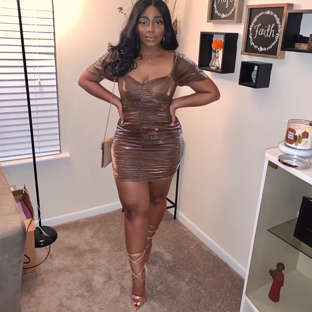Bronze Iridescent Metallic Ruched Bodycon Dress